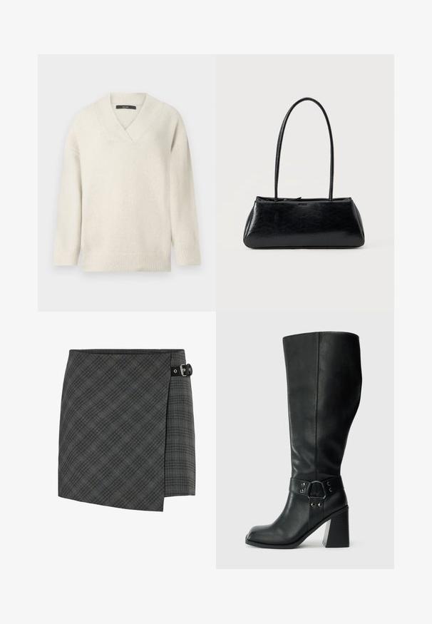 V-hals sweater i lys creme, lavet af blødt materiale. Har sænkede skuldre, ribbet ærmekanter og en afslappet pasform.; Mørkegrå ternet uld wrap nederdel med sort spænde detalje på højre side, lige kant og subtil diagonalt mønster.; Knæhøje sorte læderstøvler med firkantet tå, bred hæl og en dekorativ rem med metalaccenter omkring anklen. Glat tekstur.; Sort rektangulær skuldertaske med lange tynde stropper og en glat, blank tekstur på en ensfarvet baggrund.
