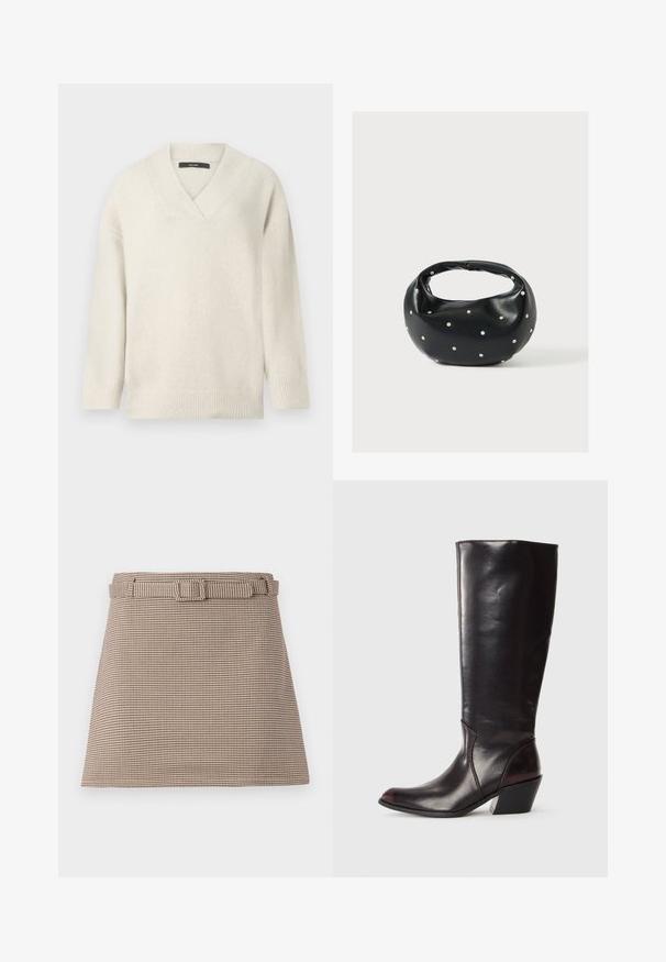 V-hals sweater i lys creme, lavet af blødt materiale. Har sænkede skuldre, ribbet ærmekanter og en afslappet pasform.; Brune og beige houndstooth-mønstrede shorts med bælte i taljen og rene linjer, skræddersyet struktur og glat stofstruktur.; Knæhøj, mørkebrun læderstøvle med spids tå, vinkelret blokhæl og en glat, blank overflade. Har et enkelt design og syningsdetaljer.; Sort læderhåndtaske med en rundet form, dekoreret med sølvnitter, og et kort håndtag. Glat tekstur og lynlåslukning.