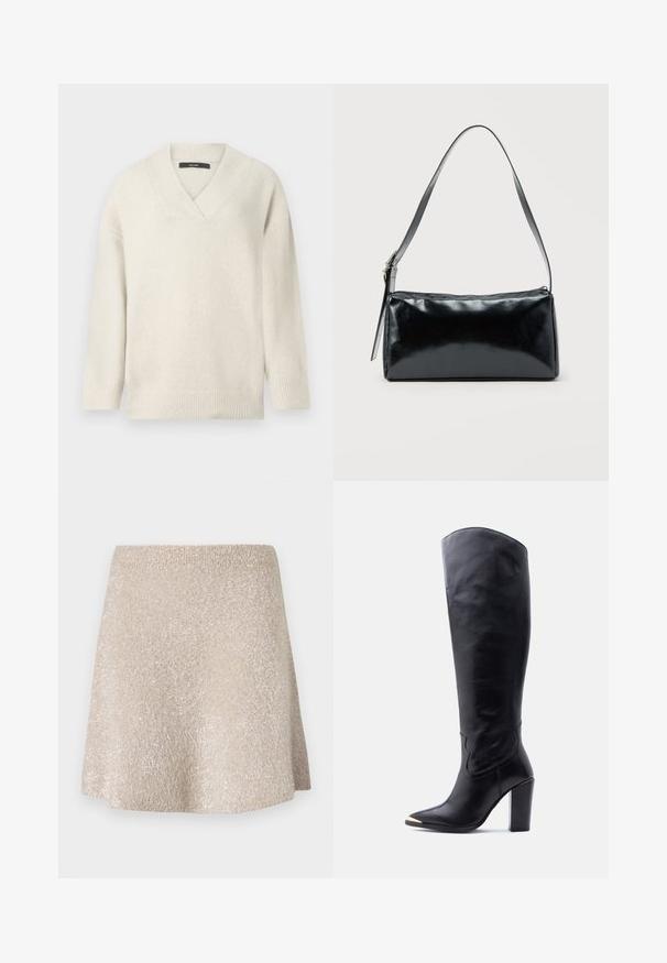 V-hals sweater i lys creme, lavet af blødt materiale. Har sænkede skuldre, ribbet ærmekanter og en afslappet pasform.; Beige mini nederdel lavet af blødt, tekstureret stof med en let glans. Har en elastisk talje og en udvidet form.; Sort læder knæhøj støvle med spids tå, guldfarvet metalspids og blokhøj hæl på hvid baggrund.; Sort rektangulær skuldertaske med en enkelt justerbar rem og lynlås i toppen på en ensfarvet baggrund.