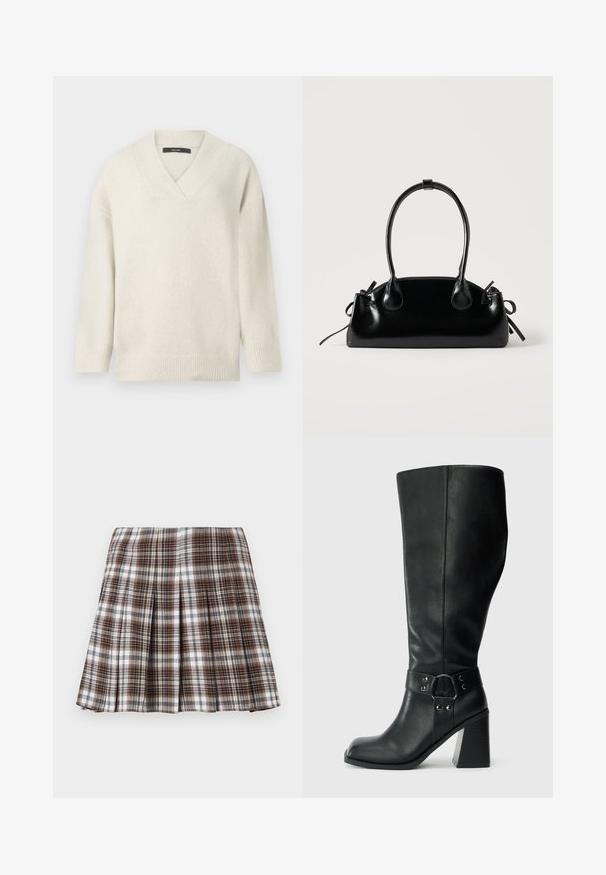 V-hals sweater i lys creme, lavet af blødt materiale. Har sænkede skuldre, ribbet ærmekanter og en afslappet pasform.; Brun og hvid ternet plisseret nederdel med en struktureret design og sprød tekstur, der har høj talje og flere lodrette folder.; Knæhøje sorte læderstøvler med firkantet tå, bred hæl og en dekorativ rem med metalaccenter omkring anklen. Glat tekstur.; Lille sort blank håndtaske med to lange håndtag og snøre-detaljer i siden på en ensfarvet lys baggrund.