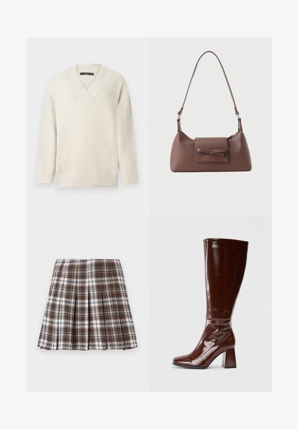 V-hals sweater i lys creme, lavet af blødt materiale. Har sænkede skuldre, ribbet ærmekanter og en afslappet pasform.; Brun og hvid ternet plisseret nederdel med en struktureret design og sprød tekstur, der har høj talje og flere lodrette folder.; Knæhøje brune patentlæderstøvler med firkantet tå, glansfuld finish og en kraftig hæl for stabilitet. Sømløs design uden synligt hardware.; Brun skuldertaske i læder med en frontlomme med klap, der har en sydd sløjfedetalje, og en justerbar rem.