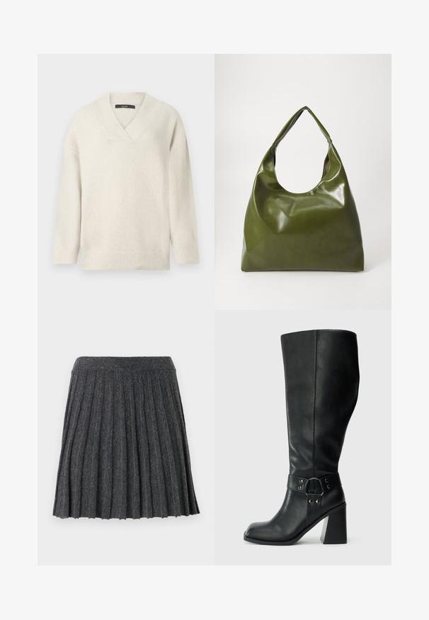 V-hals sweater i lys creme, lavet af blødt materiale. Har sænkede skuldre, ribbet ærmekanter og en afslappet pasform.; Vero Moda Knitted VMMARINA Short - Mini skirts - dark grey; Knæhøje sorte læderstøvler med firkantet tå, bred hæl og en dekorativ rem med metalaccenter omkring anklen. Glat tekstur.; Grøn læder hobo taske med en slouchy design, buet håndtag og glat tekstur. Indeholder ingen synlig hardware eller accenter.