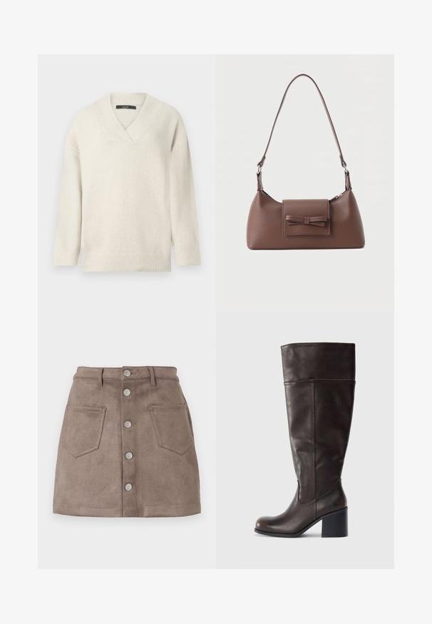 V-hals sweater i lys creme, lavet af blødt materiale. Har sænkede skuldre, ribbet ærmekanter og en afslappet pasform.; Brun ruskind mini-nederdel med frontknaplukning og to sidelommer. Har en tætsiddende pasform og enkle stikninger.; Brun læder knæhøj støvle med rund tå og stablet hæl. Har en glat tekstur og sidelægning som detalje.; Brun skuldertaske i læder med en frontlomme med klap, der har en sydd sløjfedetalje, og en justerbar rem.