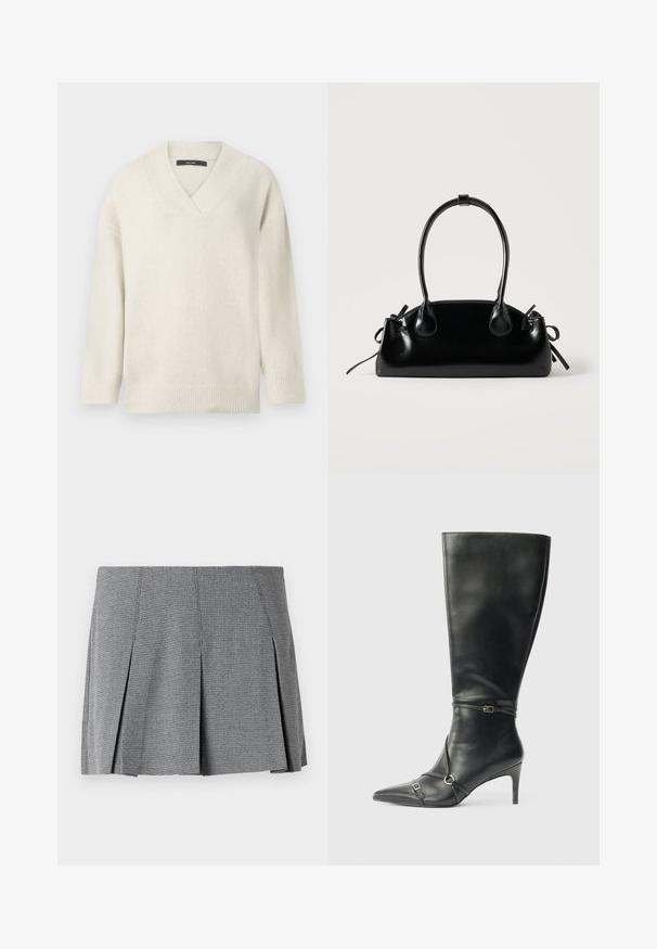 Pull à col en V en crème clair, fabriqué à partir d'un matériau doux. Présente des épaules tombantes, des poignets côtelés et une coupe décontractée.; Jupe mini plissée grise en tissu texturé, avec un motif à carreaux et une coupe droite agrémentée de fentes sur les côtés.; Bottes noires en cuir montant jusqu'au genou, avec un talon fin, un bout pointu et des détails de lanière à la cheville. Texture lisse et design ajusté.; Petit sac à main noir brillant avec deux longues anses et des détails à cordon sur les côtés sur un fond clair uni.