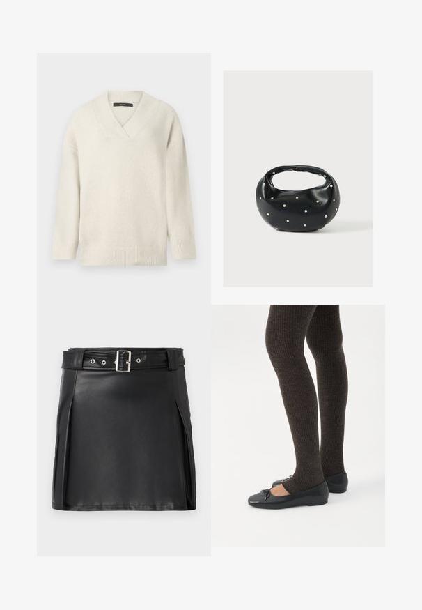 V-hals sweater i lys creme, lavet af blødt materiale. Har sænkede skuldre, ribbet ærmekanter og en afslappet pasform.; Sort faux læder mini nederdel med en tætsiddende pasform, sidesyninger og et bælte med en sølvfarvet spænde og øjne. Glat tekstur, høj talje.; Ben iført mørke ribbede leggings kombineret med sorte balletsko med små sløjfedetaljer på hvid baggrund.; Sort læderhåndtaske med en rundet form, dekoreret med sølvnitter, og et kort håndtag. Glat tekstur og lynlåslukning.