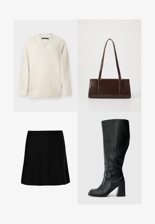 V-hals sweater i lys creme, lavet af blødt materiale. Har sænkede skuldre, ribbet ærmekanter og en afslappet pasform.; Sort A-formet nederdel i tekstureret, blødt stof. Har en tætsiddende talje og en udvidet silhuet, der giver et glat og afslappet udseende.; Knæhøje sorte læderstøvler med firkantet tå, bred hæl og en dekorativ rem med metalaccenter omkring anklen. Glat tekstur.; Brun lakeret håndtaske med rektangulær form, to lange håndtag og subtile buede detaljer på fronten.