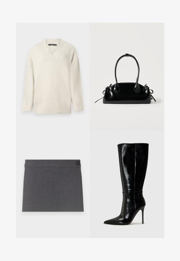 V-hals sweater i lys creme, lavet af blødt materiale. Har sænkede skuldre, ribbet ærmekanter og en afslappet pasform.; Grå stoffedragt med en glat overflade, lige design og en enkelt sort knap i taljen, med en ren og simpel æstetik.; Sorte læderknælange støvler med spids tå og høj stilettohæl. Glat tekstur og slank design, med minimalt detaljer.; Lille sort blank håndtaske med to lange håndtag og snøre-detaljer i siden på en ensfarvet lys baggrund.