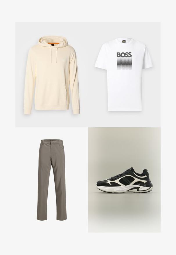 Cremefarvet hættetrøje lavet af blødt stof, med en frontlomme, snoretræk og et lille logo på brystet.; Hvid T-shirt med korte ærmer med sort og grå gradientbølge-design og fed "BOSS" tekst centreret på brystet.; Herre straight-leg khaki bukser med bæltestropper og lynlås lukning, uden synlige lommer.; Sort-hvid lavtop-sneaker med chunky hvid sål og detaljeret panelopdelt design, vist fra siden på en lysegrå baggrund.