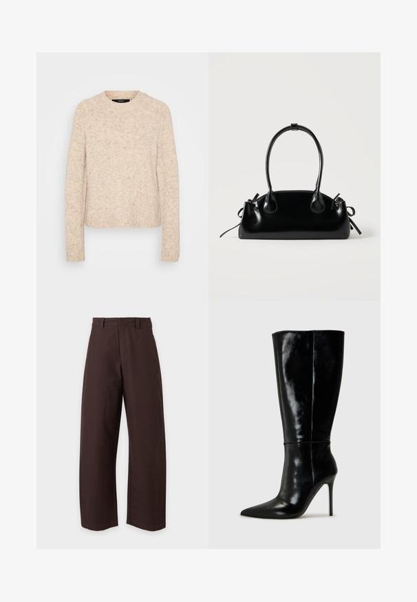 Pull en tricot beige avec un col rond, des bords côtes aux poignets et à l'ourlet, doté d'une finition douce et texturée avec des touches de couleurs plus sombres.; Pantalon marron à jambe droite avec passants de ceinture et fermeture devant, présenté sur fond blanc uni.; Bottes noires en cuir, hautes jusqu'au genou, avec un bout pointu et un talon aiguille haut. Texture lisse et design épuré, avec un minimum de détails.; Petit sac à main noir brillant avec deux longues anses et des détails à cordon sur les côtés sur un fond clair uni.