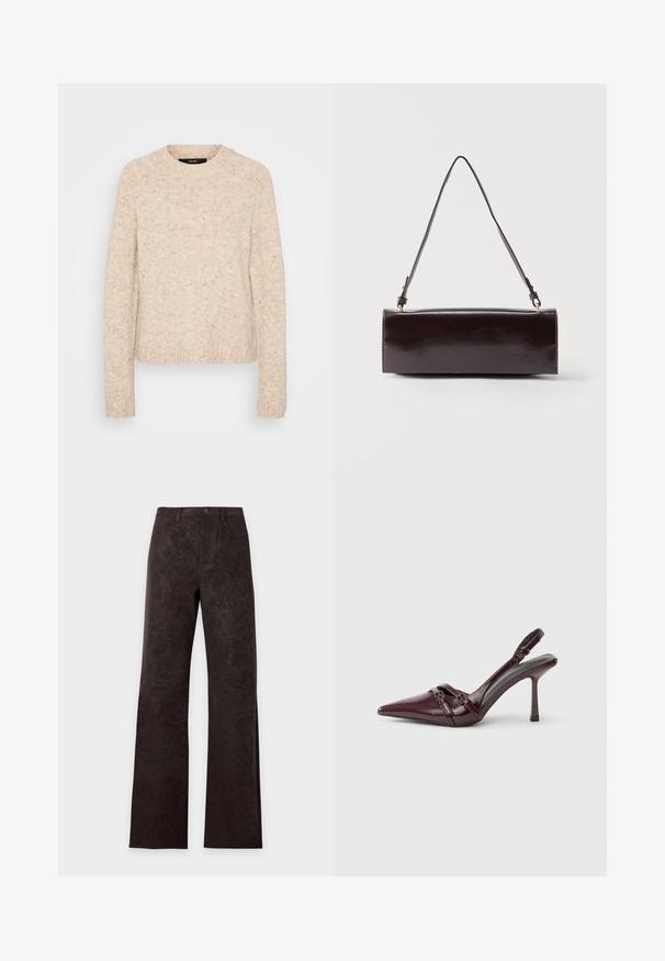Pull en tricot beige avec un col rond, des bords côtes aux poignets et à l'ourlet, doté d'une finition douce et texturée avec des touches de couleurs plus sombres.; Pantalon droit marron foncé taille haute avec poches avant et passants de ceinture, présenté sur un fond clair uni.; Escarpin slingback en cuir verni bordeaux avec bout pointu, fine bride à la cheville et petit détail décoratif de boucle. Texture lisse et talon haut.; Sac à main rectangulaire en cuir noir avec une longue bandoulière unique et une finition brillante, présenté sur un fond blanc uni.