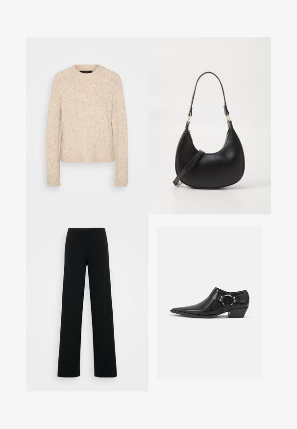 Pull en tricot beige avec un col rond, des bords côtes aux poignets et à l'ourlet, doté d'une finition douce et texturée avec des touches de couleurs plus sombres.; Vero Moda Tall VMBERLIN ZAMIRA WIDE - Pantalon classique - black; Bottines en cuir noir avec un bout pointu, présentant une sangle en cuir à l'avant et un détail de boucle en argent, ainsi qu'un petit talon carré.; Sac à main en cuir noir avec une forme courbée, doté d'une fermeture à glissière en haut, d'une courte poignée et d'une bandoulière amovible. Accent en métal doré.