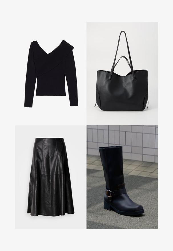 Even&Odd by Zalando Jersey de punto - black; Falda de cuero negro con una silueta acampanada, que presenta costuras visibles y una textura suave. Diseño de longitud media con un corte clásico.; Bota de cuero negra a media pantorrilla con tacón bajo y una correa decorativa con hebilla metálica, apoyada sobre una superficie pavimentada gris cerca de una pared alicatada.; Bolso tote de cuero negro con superficie texturizada, dos asas largas, abertura en la parte superior y sin herrajes ni adornos visibles. Diseño simple y espacioso.