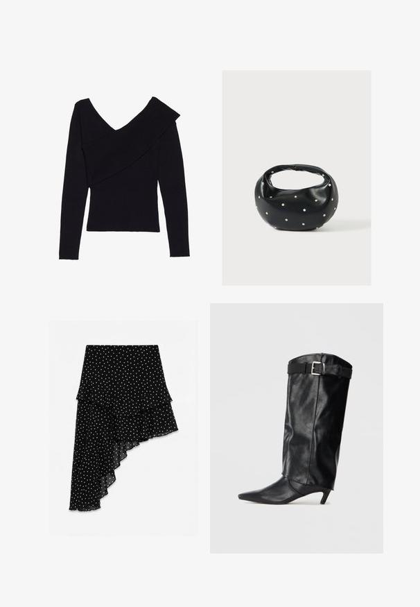 Even&Odd by Zalando Džemper - black; Mustas värvis asümmeetriline seelik valgete täppidega, volangiliste kihiliste äärtega ja voolava šifoonkangaga.; Must mustakõrge saabas, millel on terav varvas ja väike konts. Ülal on risttõmblusega must nahkrihm, millel on hõbedane pandla. Sile tekstuur.; Mustast nahast ümmarguse kujuga käekott, kaunistatud hõbedaste naeladega, lühikese sangaga. Sile tekstuur ja tõmblukuga sulgemine.