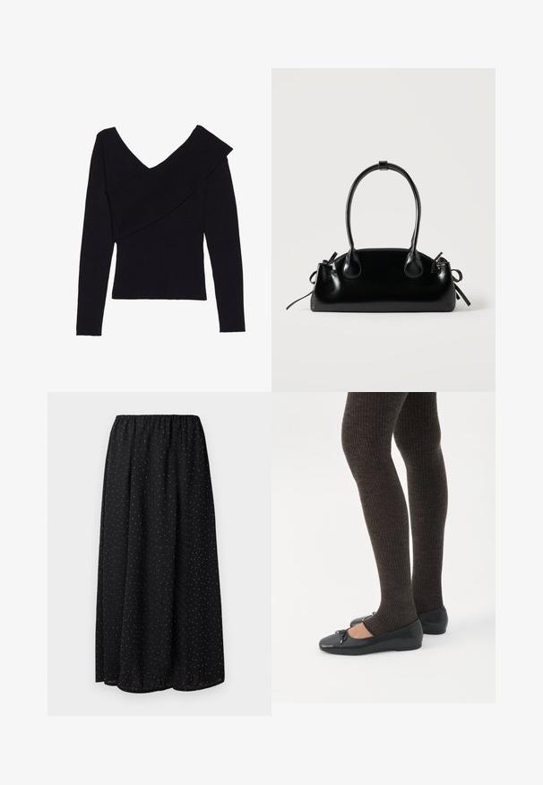 Even&Odd by Zalando Jersey de punto - black; Falda negra de tela ligera con una cinturilla fruncida. Presenta un patrón de pequeños puntos blancos por toda la tela.; Piernas con leggings oscuros acanalados combinados con bailarinas negras que presentan pequeños detalles de lazo sobre un fondo blanco.; Pequeño bolso negro brillante con dos asas largas y detalles de cordón lateral sobre un fondo claro liso.
