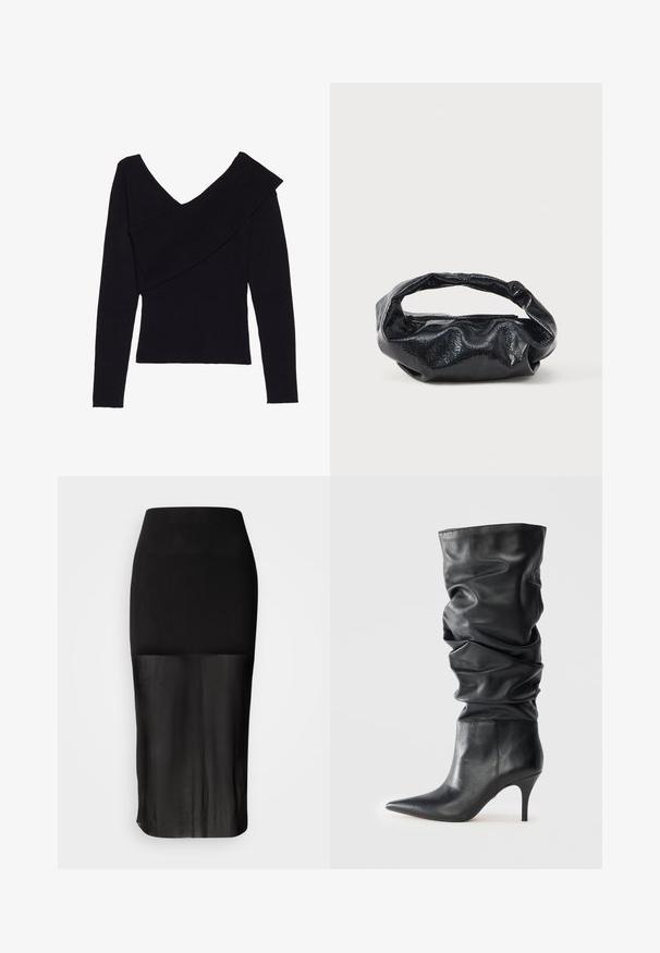 Even&Odd by Zalando Jersey de punto - black; Falda midi negra con una cinturilla ajustada, que presenta un panel inferior transparente. Textura suave con un silueta elegante y sin patrones visibles.; Botas altas de cuero negro con un diseño caído, puntera puntiaguda y un elegante tacón de aguja. Textura suave, con un hardware mínimo.; Bolso negro hecho de un material brillante y texturizado con un asa circular retorcida y un cierre de cremallera. Presenta un diseño suave y arrugado.