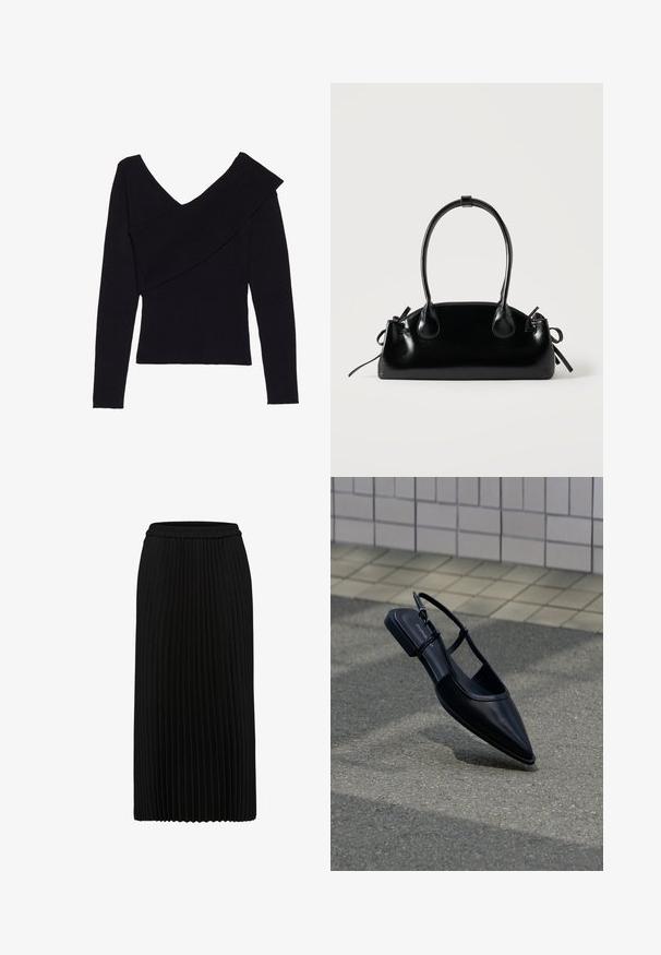 Even&Odd by Zalando Svetrík - black; Čierna plisovaná midi sukňa s elastickým pásom a vertikálnymi záhybmi, zobrazená na bielom pozadí.; Čierna plochá obuv so špičkou na päte s otvorenou pätou, ktorá sa vznáša nad asfaltovým povrchom vedľa dlažobného chodníka.; Malá čierna lesklá kabelka s dvoma dlhými rúčkami a bočnými šnúrkovými detailmi na jednoduchom svetlom pozadí.