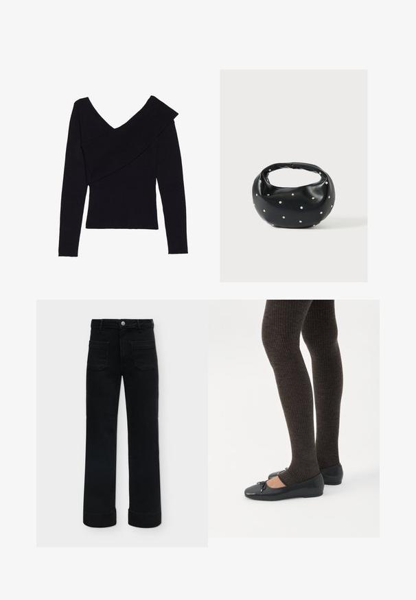 Even&Odd by Zalando Pullover - black; Pantalon noir taille haute à jambe droite, avec poches plaquées devant, passants de ceinture, fermeture par bouton et ourlets retroussés sur un fond uni.; Jambes portant des leggings côtelés foncés associés à des ballerines noires avec de petits détails en nœud sur fond blanc.; Sac à main en cuir noir de forme arrondie, décoré de clous argentés et équipé d'une poignée courte. Texture lisse et fermeture éclair.