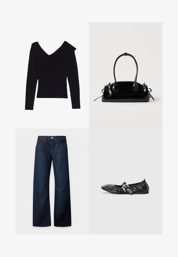 Even&Odd by Zalando Jersey de punto - black; Vaqueros azul oscuro de pierna ancha con cierre de botón y cremallera, bolsillos delanteros y traseros, trabillas para cinturón y costuras en contraste, colocados extendidos sobre un fondo blanco.; Zapato plano de piel negra con puntera afilada, detalle fruncido alrededor de la abertura y un acento de hebilla plateada en la correa ajustable.; Pequeño bolso negro brillante con dos asas largas y detalles de cordón lateral sobre un fondo claro liso.