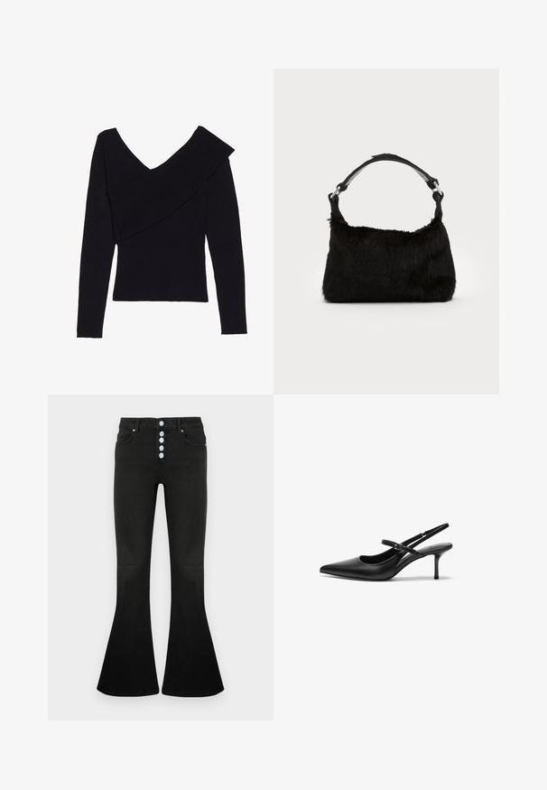 Even&Odd by Zalando Svetrík - black; Čierne džínsy s rozšírenými nohavicami, vysokým pásom, päticovou zapínaním, mäkkou denimovou textúrou a jemnými švami na vreckách a švoch.; Čierne kožené sandále na podpätku s ostrou špičkou, štíhlym nastaviteľným popruhom a približne 5 cm vysokým stiletto podpätkom, hladká textura.; Čierna kabelka z umelého kožušiny s jemnou textúrou, zaobleným tvarom a pevným čiernym koženým ramenným popruhom. Viditeľné akcenty zo strieborného kovu.