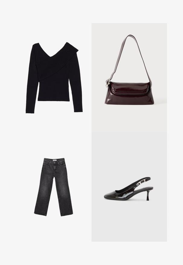 Even&Odd by Zalando Svetrík - black; Čierne široké džínsové nohavice s prednými a zadnými vreckami, zapínaním na gombík a pútkami na opasok, položené na bielom pozadí.; Čierny lodičkový topánok zo syntetickej kože s otvorenou pätou, špičatou špičkou, striebornou prackou a stredne vysokým tenkým opätkom na jednoduchom svetlom pozadí.; Tmavá bordová kožená kabelka cez rameno s klopovým zapínaním a tenkým nastaviteľným popruhom, zobrazená na jednoduchom svetlom pozadí.