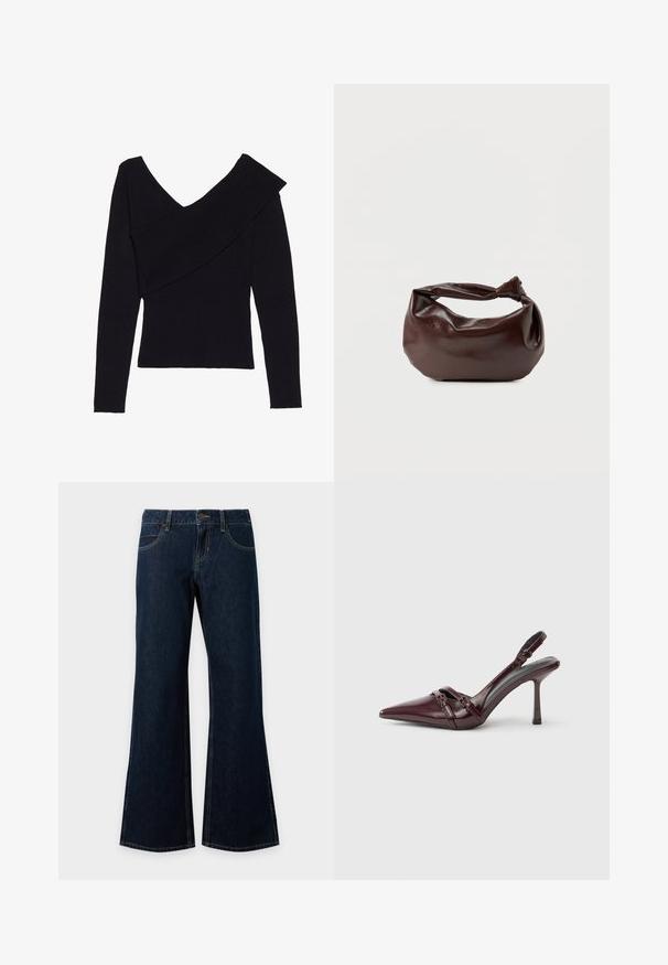 Even&Odd by Zalando Jersey de punto - black; Vaqueros de mezclilla azul oscuro con botón y cremallera delanteros, cinco bolsillos y piernas anchas ligeramente acampanadas.; Zapato de tacón slingback de charol burdeos con puntera puntiaguda, fina correa en el tobillo y pequeño detalle decorativo de hebilla. Textura suave y tacón alto.; Bolso de hombro de cuero marrón oscuro con una forma suave y caída, y un asa con nudo torcido sobre un fondo blanco liso.