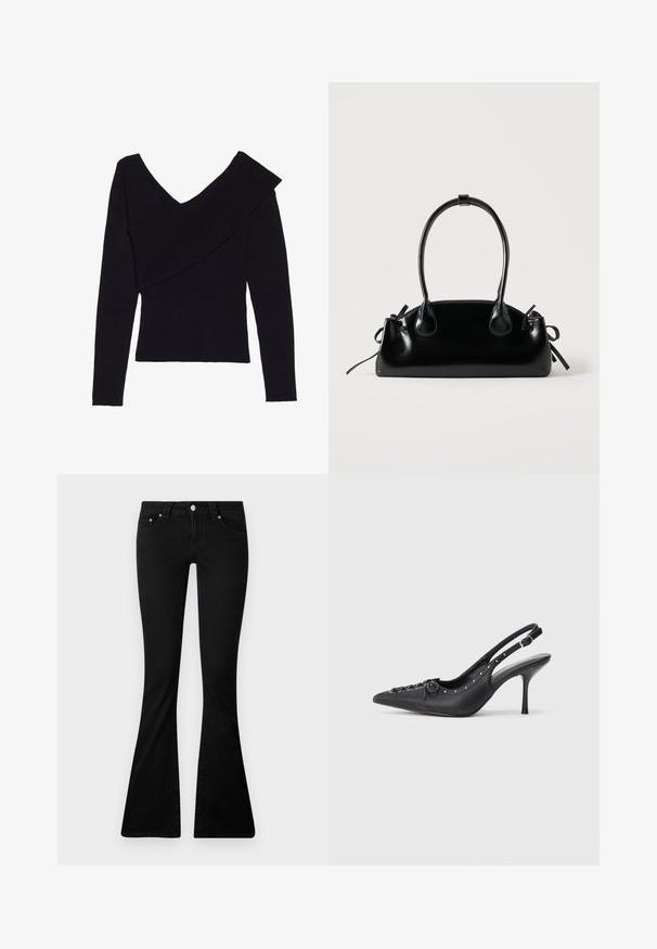Even&Odd by Zalando Striktrøje - black; Sorte flared jeans lavet af denim, med en frontknaplukning, to frontlommer og et tætsiddende design der vidner under knæet.; Sorte læder slingback stiletto med spids tå, side spændebånd, nitter langs kanten og dekorativ snøring foran.; Lille sort blank håndtaske med to lange håndtag og snøre-detaljer i siden på en ensfarvet lys baggrund.