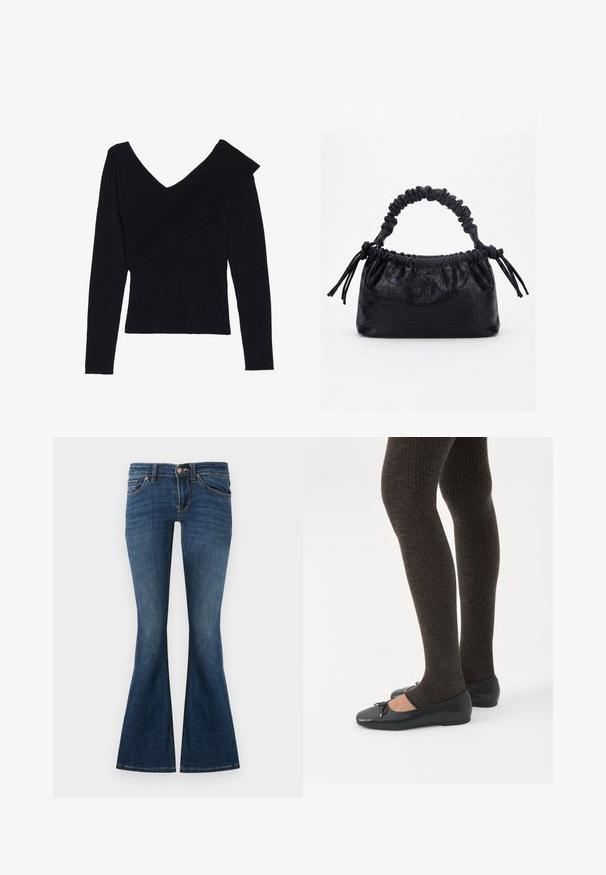 Even&Odd by Zalando Trui - black; Donkerblauwe flared jeans van denim, met een vijf-pocket ontwerp, riemlussen en een sluiting met een knoop aan de voorkant. Soepele textuur met minimale vervaging.; Benen met donkere geribbelde leggings gecombineerd met zwarte ballerina's met kleine strikdetails op een witte achtergrond.; Zwarte handtas met krokodillenstructuur, geplooide bovenrand, samengevoerde handgreep en koordtassels aan elke kant tegen een witte achtergrond.
