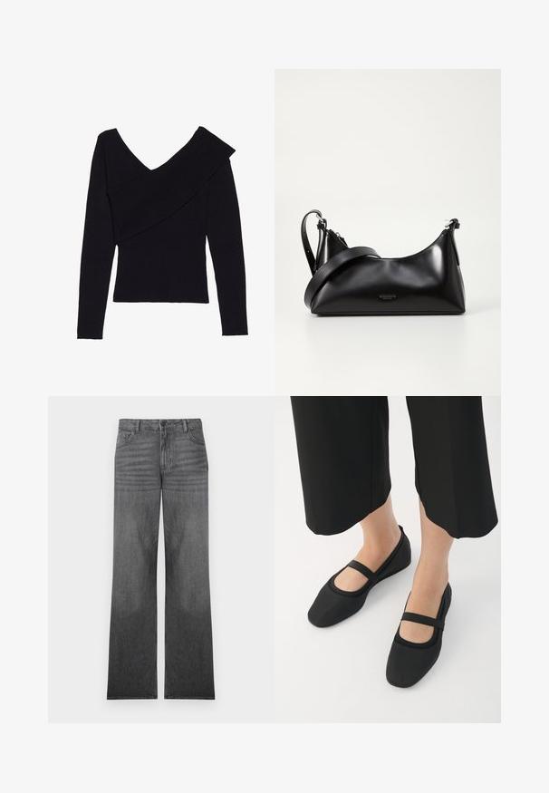 Even&Odd by Zalando Svetrík - black; Šedé denimo nohavice so širokými nohavicami a stredným praním, s piatimi vreckami, predným zapínaním na gombík a jemným prešívaním.; Čierne balerínky vyrobené z hladkého materiálu, s okrúlym špičkou a kontrastným pásikom cez priehlavok. Plochá podrážka, minimalistický dizajn.; Čierna kožená kabelka s hladkou textúrou. Obsahuje nastaviteľný popruh a elegantný, minimalistický dizajn so zipsovým uzatvorením.