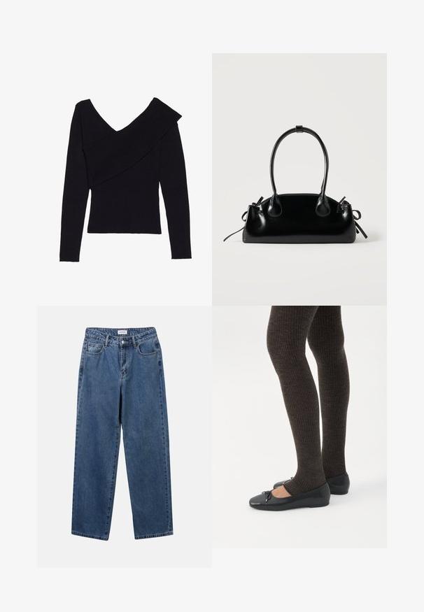 Even&Odd by Zalando Striktrøje - black; Klassiske blå denimbukser med lige ben, fem lommer og knaplukning. Har en medium vask og en robust tekstur.; Ben iført mørke ribbede leggings kombineret med sorte balletsko med små sløjfedetaljer på hvid baggrund.; Lille sort blank håndtaske med to lange håndtag og snøre-detaljer i siden på en ensfarvet lys baggrund.