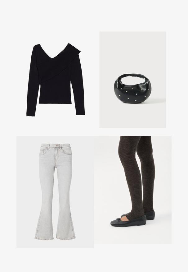 Even&Odd by Zalando Svetrík - black; Svetlošedé rozšírené džínsy s klasickým dizajnom piatich vreciek, slim fit cez stehná a rozšírenými manžetami pri členkoch.; Nohy v tmavých pásikavých legínach v kombinácii s čiernymi balerínkami s malými mašličkami na bielom pozadí.; Čierna kožená kabelka s zaobleným tvarom, zdobená striebornými cvočkami a krátkym rúčkou. Hladká textúra a zapínanie na zips.