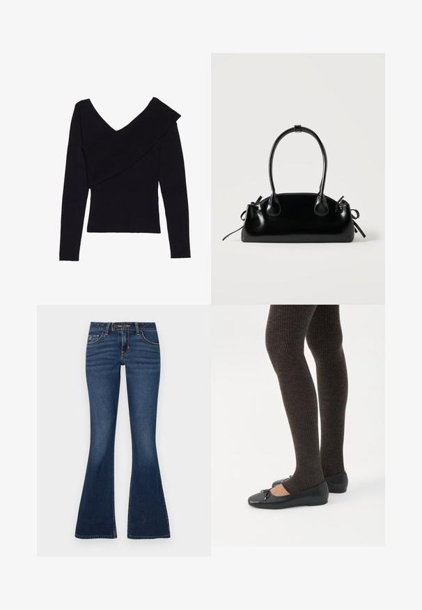 Even&Odd by Zalando Svetrík - black; Džínsy s rozšírenými nohavicami v tmavomodrom denime, so štýlovým päťkapsovým dizajnom, kontrastným prešívaním a zapínaním na zips a gombík.; Nohy v tmavých pásikavých legínach v kombinácii s čiernymi balerínkami s malými mašličkami na bielom pozadí.; Malá čierna lesklá kabelka s dvoma dlhými rúčkami a bočnými šnúrkovými detailmi na jednoduchom svetlom pozadí.