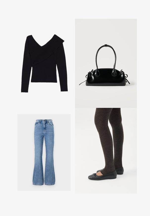 Even&Odd by Zalando Striktrøje - black; Lyseblå denim flared jeans med høj talje, der har forlommer, lynlås og subtilt slid på stoffet.; Ben iført mørke ribbede leggings kombineret med sorte balletsko med små sløjfedetaljer på hvid baggrund.; Lille sort blank håndtaske med to lange håndtag og snøre-detaljer i siden på en ensfarvet lys baggrund.