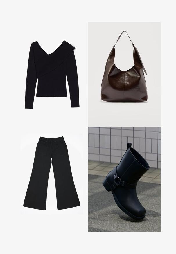 Even&Odd by Zalando Svetrík - black; Čierne široké džínsy vyrobené z denimu. Majú zapínanie na gombík, päť vreciek a šitie na páse a lemoch.; Čierna kožená členková obuv s remienkom a detailom z kovového krúžku, zobrazená na sivom chodníku s dlaždicovou stenou v pozadí.; Tmavohnedá lesklá kožená kabelka cez rameno s jedným širokým popruhom a prackou na jednej strane, na jednoduchom svetlom pozadí.