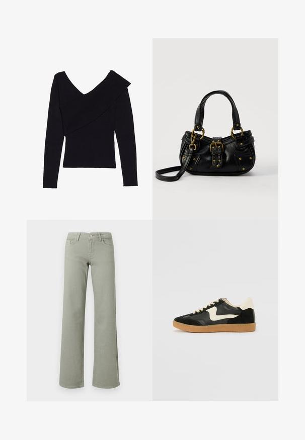 Even&Odd by Zalando Svetrík - black; Svetlozelené nohavice s vysokým pásom, rovné nohavice s opaskom, gombíkom, zipsom a prednými aj zadnými vreckami na bielom pozadí.; Čierne semišové a kožené tenisky s krémovým bočným prešívaním a svetlo krémovou pätou. Obsahujú béžové šnúrky a podošvu z gumeného kaučuku.; Čierna kožená kabelka so zlatou prackou a nitmi, krátkymi rúčkami a nastaviteľným popruhom cez rameno na čistom bielom pozadí.