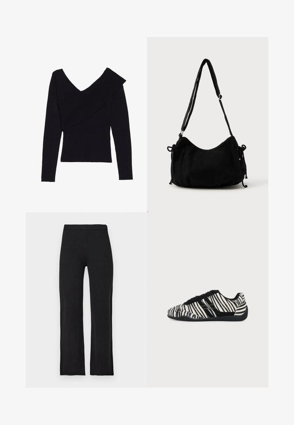 Even&Odd by Zalando Svetrík - black; Čierne pletené nohavice s rovnými nohavicami a elastickým pásom, zobrazené na svetlom pozadí rozložené na plocho.; Čierno-biela členková obuv so šnurovaním, vzor zebrových prúžkov a textúrovanou čiernou podrážkou na jednoliatom svetlom pozadí.; Čierna kordurová taška na rameno s oblým tvarom, nastaviteľným popruhom a šnúrkami na stiahnutie na oboch stranách na úpravu veľkosti.