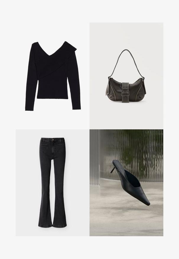 Even&Odd by Zalando Jersey de punto - black; Pantalones vaqueros negros de talle alto y corte acampanado, con bolsillos delanteros, trabillas para cinturón, cierre de botón y costuras visibles sobre un fondo liso y claro.; Zapato mule negro de punta fina con tacón alto y delgado flotando sobre un suelo de hormigón liso, con un fondo desenfocado de rayas verticales.; Bolso de hombro de cuero negro con detalle de correa con hebilla, bordes curvos y costuras blancas en contraste sobre un fondo liso.