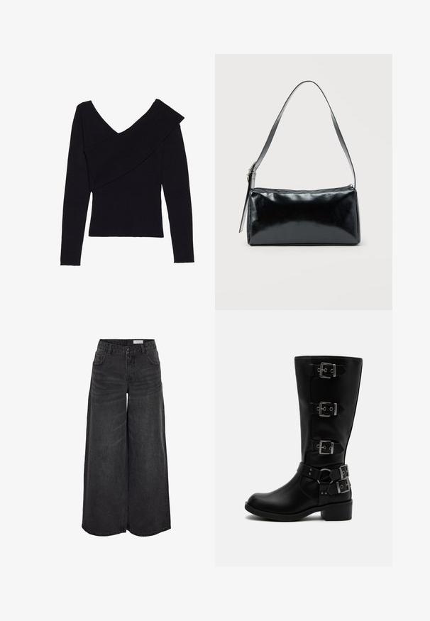 Even&Odd by Zalando Striktrøje - black; Bredde ben sorte denimshorts med høj talje, forlommer og subtil tekstur; designet til en afslappet pasform.; Sort støvle i læder til midt på læggen med fire justerbare metalspænder og en lav blokhæl på hvid baggrund.; Sort rektangulær skuldertaske med en enkelt justerbar rem og lynlås i toppen på en ensfarvet baggrund.