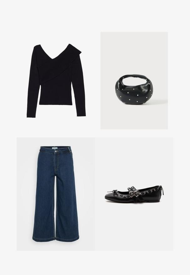 Even&Odd by Zalando Svetrík - black; Džínsy so širokými nohavicami v tmavomodrej farbe. Obsahujú zapínanie na gombík, päť vreciek, jemné šitie a hladký povrch.; Čierna plochá baletná topánka s dvojitými prackami, striebornými okami a malou mašličkou pri zaoblenom nose na bielom pozadí.; Čierna kožená kabelka s zaobleným tvarom, zdobená striebornými cvočkami a krátkym rúčkou. Hladká textúra a zapínanie na zips.