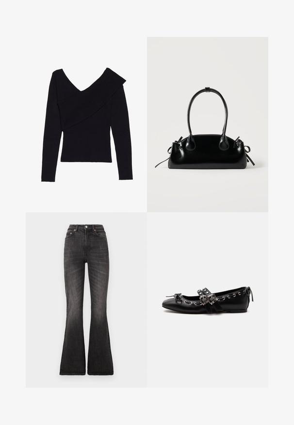 Even&Odd by Zalando Svetrík - black; Čierne zvonové džínsy s vysokým pásom, s kovovým zapínaním, päť vreciek a jemným vyblednutím na povrchu látky.; Čierna plochá baletná topánka s dvojitými prackami, striebornými okami a malou mašličkou pri zaoblenom nose na bielom pozadí.; Malá čierna lesklá kabelka s dvoma dlhými rúčkami a bočnými šnúrkovými detailmi na jednoduchom svetlom pozadí.