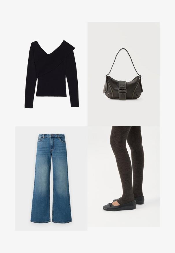 Even&Odd by Zalando Striktrøje - black; Bredde ben blå denimjeans med en falmet finish, fem-lomme design og standard talje med metalknap og lynlåslukning.; Ben iført mørke ribbede leggings kombineret med sorte balletsko med små sløjfedetaljer på hvid baggrund.; Sort læder skuldertaske med spænde på remmen, afrundede kanter og kontrasterende hvide syninger på en ensfarvet baggrund.