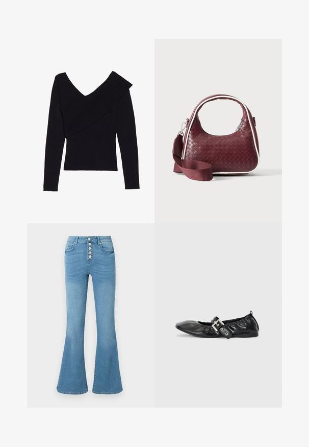 Even&Odd by Zalando Trui - black; Lichtblauwe uitlopende jeans van denim, met een taille hoog in de taille, een gulp met vijf knopen en subtiele vervaging aan de voorkant voor textuur.; Zwarte leren platte schoen met een spitse neus, geplooide details rond de opening en een zilveren gespaccentueerde verstelbare band.; Donkerrode geweven leren handtas met gebogen handvat, witte bies, zilveren rits en afneembare brede stoffen schouderriem tegen een effen achtergrond.