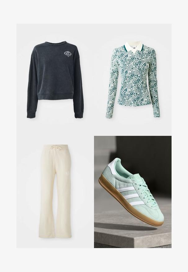 Sweatshirt noir court en mélange de coton doux, avec un col rond, des manches longues et un détail de logo brodé sur la poitrine.; Chemise ajustée à manches longues avec un motif floral turquoise et blanc, et un col blanc avec un liseré turquoise sur un fond uni.; Pantalons de sport couleur crème avec une texture douce, dotés d'une taille à cordon de serrage et de jambes évasées. Détail de logo subtil sur la hanche gauche.; Baskets Adidas Gazelle en daim vert menthe avec accents blancs, fermeture à lacets et semelle en caoutchouc gomme. Présente trois rayures blanches.