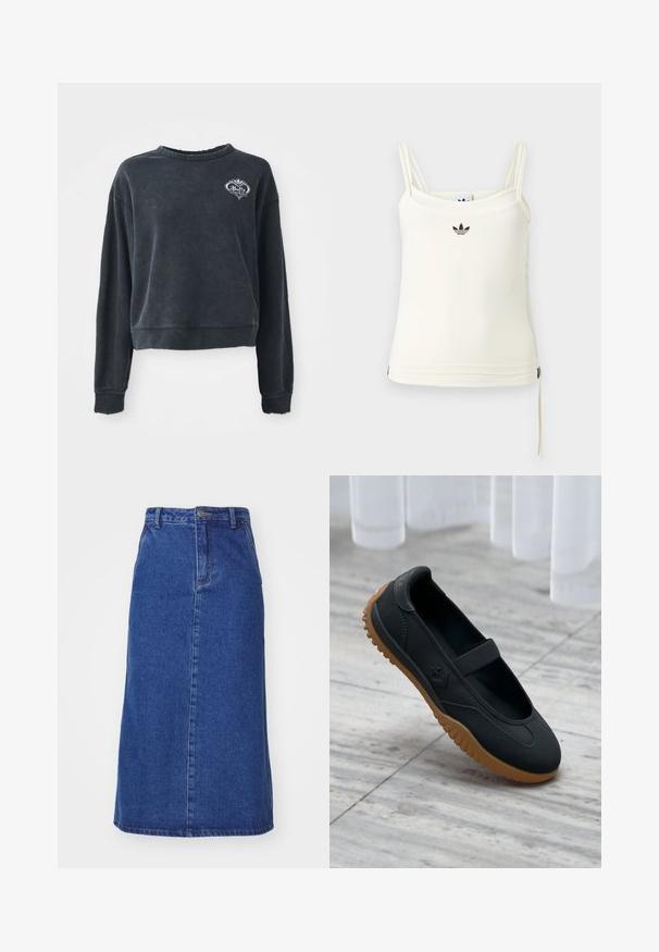 Must-käteosaline must fliistekstsärk pehmest puuvilla segust, ümarate kaelustega, pikkade varrukatega ja tikandiga logo detailiga rinnal.; Kreemikas sangadega top, seljal õhukesed rihmad; Adidas'i logo mustana rinnal. Sile kangas, alumises servas nöördetail. Lihtne disain.; Tumehall denim seelik, millel on kitsas vöökoht, sirge siluett ja esiseemed, mille äär ulatub põlve alt.; Mustad Mary Jane stiilis kingad elastse rihmaga ja pruunist tekstuuriga tallaga, paigutatud marmorpõrandale, taustal valge kardina taust.