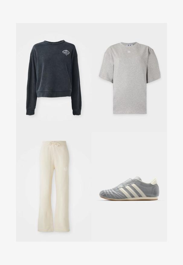 Must-käteosaline must fliistekstsärk pehmest puuvilla segust, ümarate kaelustega, pikkade varrukatega ja tikandiga logo detailiga rinnal.; Helehall Adidas lühikeste varrukatega t-särk, ümara kaelusega ja väikese valge Adidas logoga rinnal, esitatud lihtsal taustal.; Kreemikasv värvi dressipüksid pehme tekstuuriga, millel on nööriotstega vöökoht ja laia säärega disain. Vasakul puusal on diskreetne logo.; adidas Originals TAEKWONDO W - Tossud - silver metallic/off white