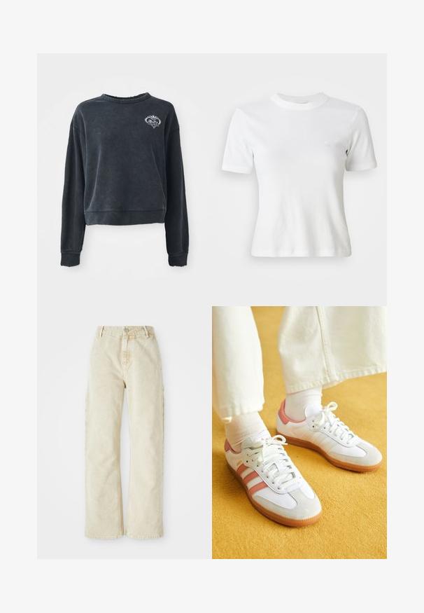 Zwarte cropped sweatshirt van een zachte katoenmix, met een ronde halslijn, lange mouwen en geborduurd logo detail op de borst.; Witte gestreepte t-shirt met korte mouwen, een ronde halslijn en een klein logo op de borst. Gemaakt van zachte stof met een getailleerd ontwerp.; Beige wijdvallende denimbroek met een hoge taille, voorzien van een knoop- en ritssluiting aan de voorkant, riemlussen en zijzakken. Zachte textuur.; Witte sportschoenen met roze accenten, gemaakt van suede en leer, met een ronde neus en een rubberen zool, weergegeven met lichtgekleurde sokken op een gele achtergrond.