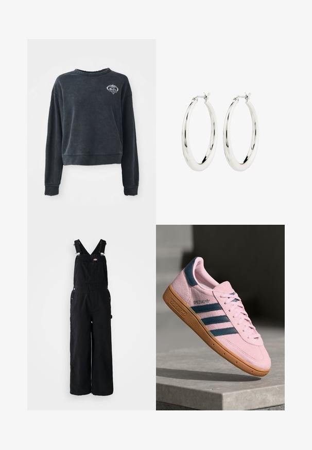 Must-käteosaline must fliistekstsärk pehmest puuvilla segust, ümarate kaelustega, pikkade varrukatega ja tikandiga logo detailiga rinnal.; Mustad denim ülikonnad laia säärega, reguleeritavad õlarihmad, eesmine tasku ja hõbedased detailid. Sile tekstuur, minimaalne disain.; Hele roosa seemisnahast vabaajajalats tumesiniste kolmekordsete triipudega, kummist tallaga ja hele roosade paeltega. Küljel on "SPEZIAL" bränding.; Hõbedased rõngaskõrvarõngad siledast ja läikivast viimistlusest. Ringikujuline, sisaldab kindlat kinnitust. Lihtne ja elegantne disain.