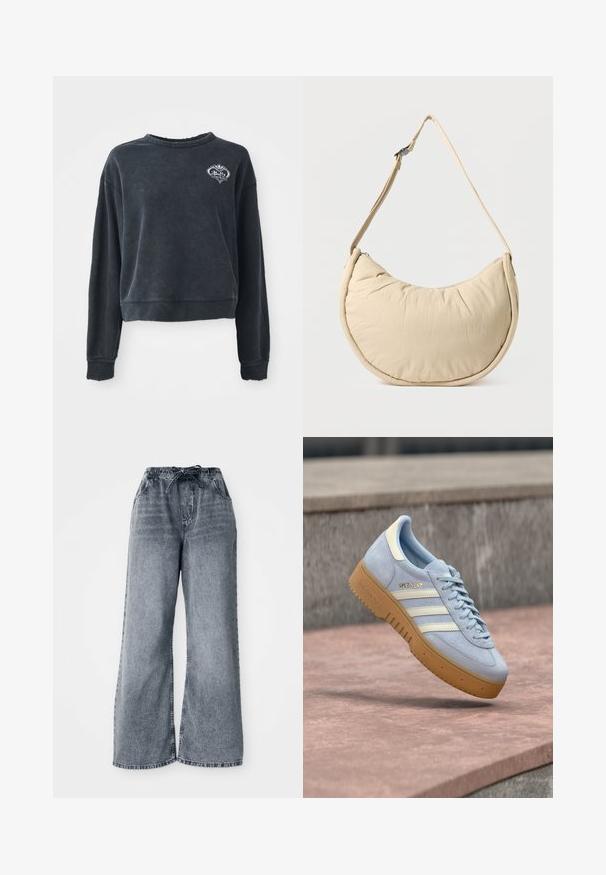 Must-käteosaline must fliistekstsärk pehmest puuvilla segust, ümarate kaelustega, pikkade varrukatega ja tikandiga logo detailiga rinnal.; Hallid hallid laiad denim-püksid elastse vöökoha, paelaga sulgemise ja küljetaskutega. Kanga peal on tuhm tekstuur.; Hele sinine seemisnahast toss valgete triipude ja kuldse logoga, kummeeritud kummist tallaga ning mugava polsterdatud kaelusega.; Beež poolkuukujuline õlakott pehme, polsterdatud tekstuuriga. Varustatud reguleeritava rihma ja peal serval oleva tõmblukuga.