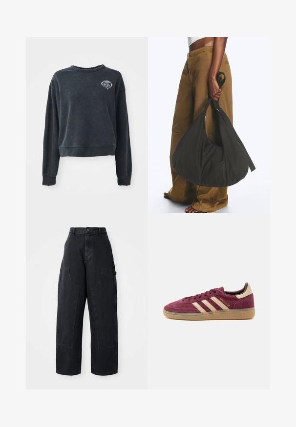 Zwarte cropped sweatshirt van een zachte katoenmix, met een ronde halslijn, lange mouwen en geborduurd logo detail op de borst.; Zwarte denim cargo broek met wijde been, hoge taille, twee grote voorkanten zakken en een knoopsluiting bij de taille. Soepele textuur, casual ontwerp.; Laag silhouet bordeaux suède sneaker met beige Adidas-strepen, rubberen zool en goudkleurige "Spezial"-letters opzij, afgebeeld op een witte achtergrond.; Persoon met bruine wijde broek en wit topje houdt een grote zwarte zachte handtas aan het hengsel bij hun zijde vast.
