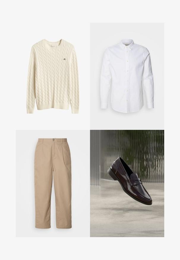 Kremfarvet kabelstrikket sweater med lange ærmer, rund hals og lille broderet logo på venstre bryst.; Hvid langærmet skjorte med knapper lavet af bomuld, med en struktureret krave, diskret logo-broderi og lysebrune knapper.; Beige, lette bomuldsbukser med plisset front, knaplukning og lige ben, der har en glat tekstur og ingen synlige mønstre.; Brune lædermokkasiner med en blank finish, der har en hævet søm og en lille udskæringsdetalje foran samt en lav sort sål.