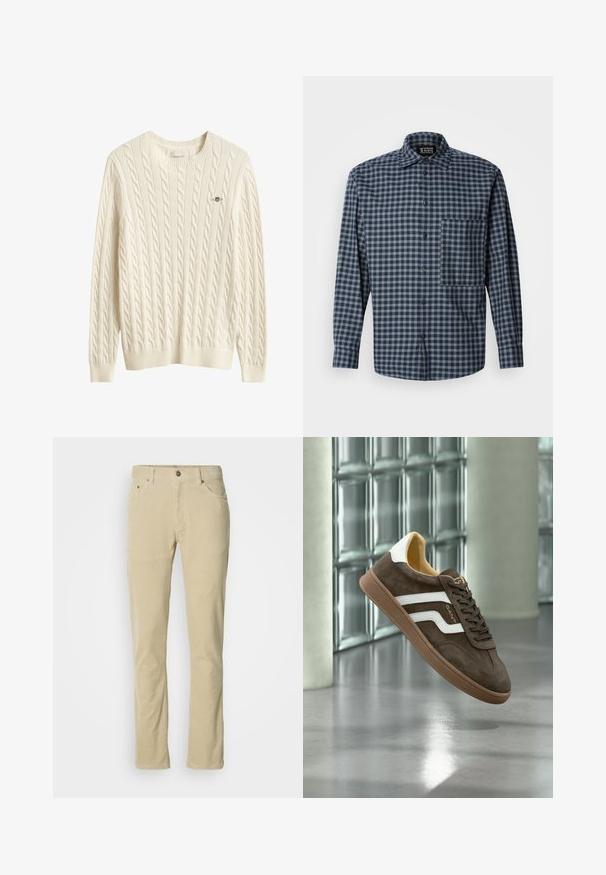 Krémový sveter s vrkočovým vzorom, s dlhými rukávmi, okrúhlym výstrihom a malým vyšívaným logom na ľavej strane hrudníka.; Scotch & Soda LIGHTWEIGHT CHECKED SHIRT - Košeľa - sky captain; Béžové kordové nohavice s predným gombíkom, zipsovým zapínaním, piatimi vreckami a rovným strihom na bielom pozadí.; Hnedý semišový teniska s bielymi bočnými pruhmi a gumovou podrážkou, zobrazená ako vznášajúca sa v interiéri na leštenej betónovej podlahe pri sklenených tehličkách.